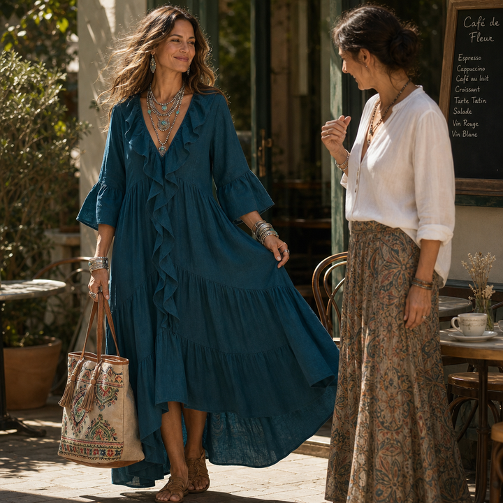 Cascada – High-Low Ruffle V-Neck Bell Sleeve Dress