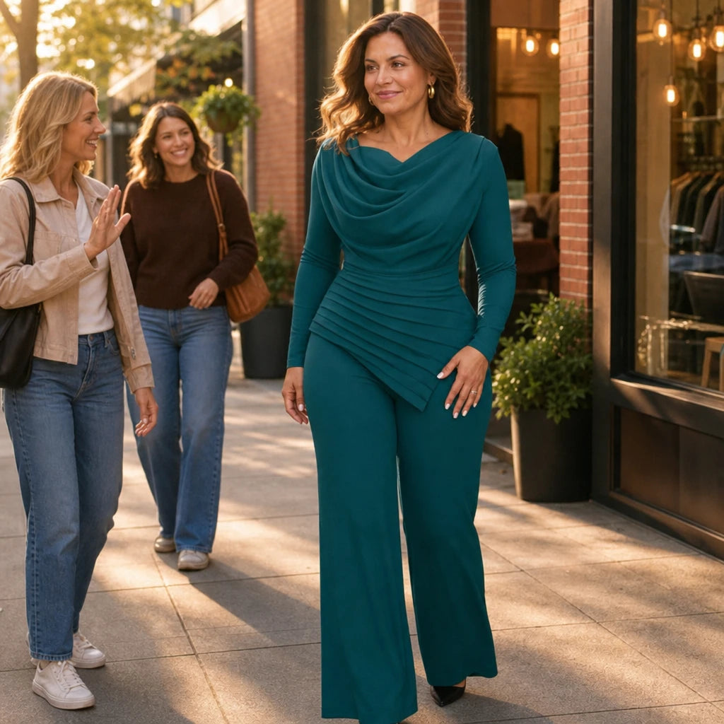 Cowl & Flow – Draped Cowl-Neck Top And Wide-Leg Pants Set