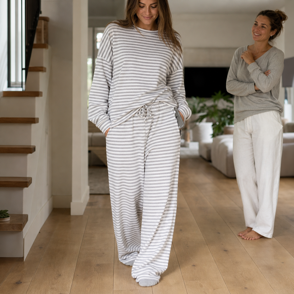 Stripe & Ease – Striped Top And Drawstring Wide-Leg Pants Set