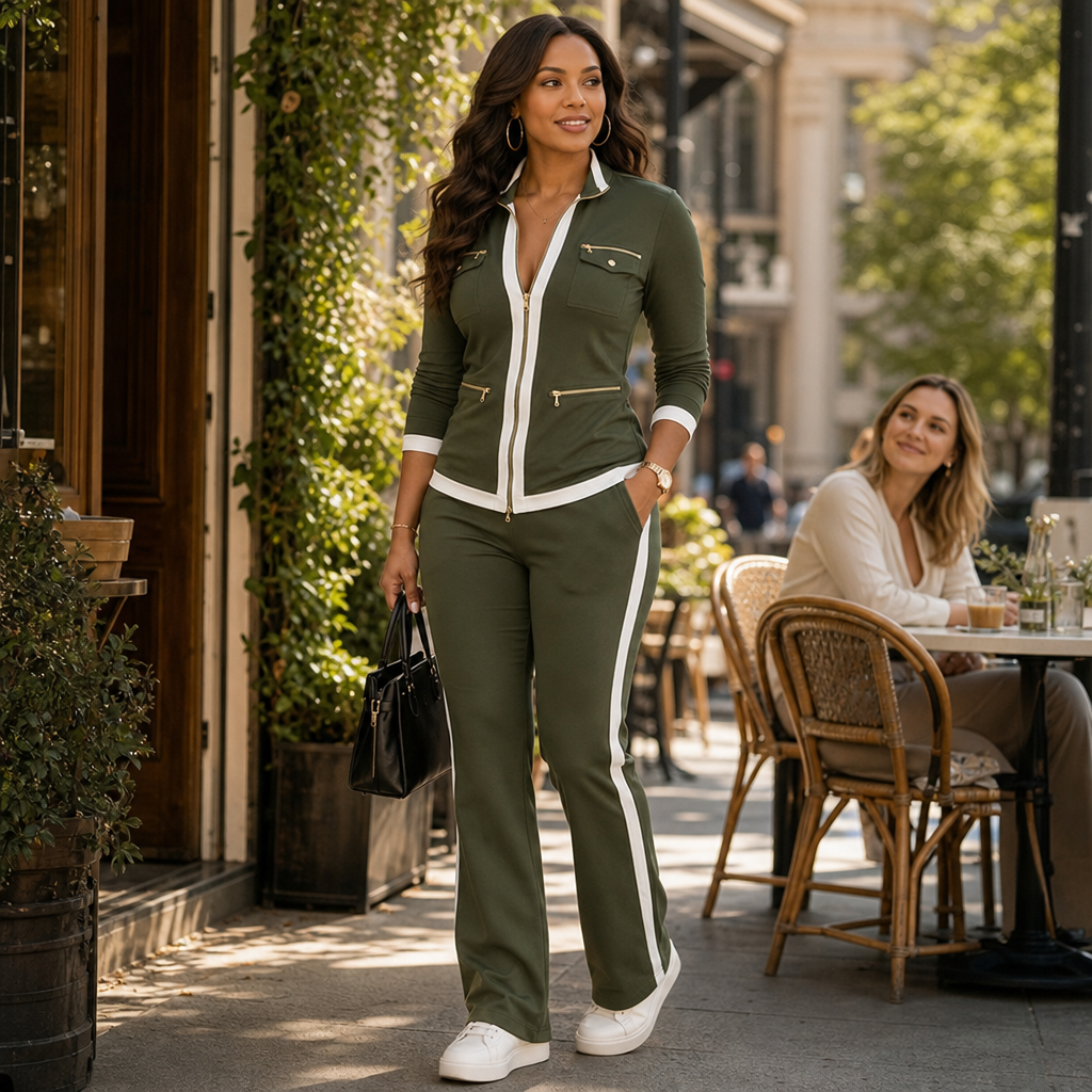 Trimora – Contrast-Trim Knit Jacket And Flared Pants Set