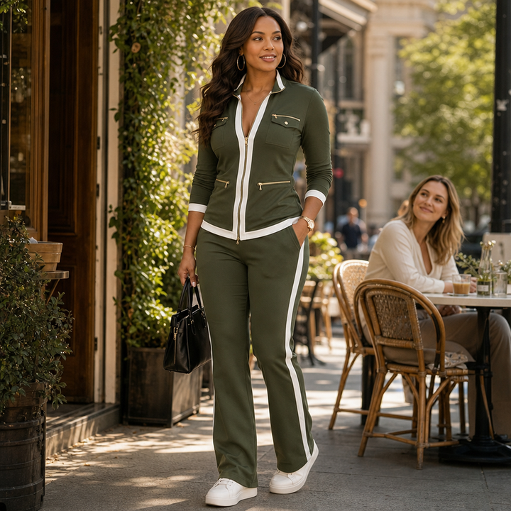 Trimora – Contrast-Trim Knit Jacket And Flared Pants Set