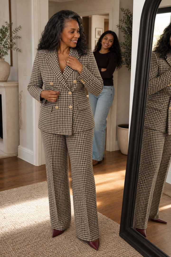Composure – Plaid Double-Breasted Blazer & Wide-Leg Pants Set