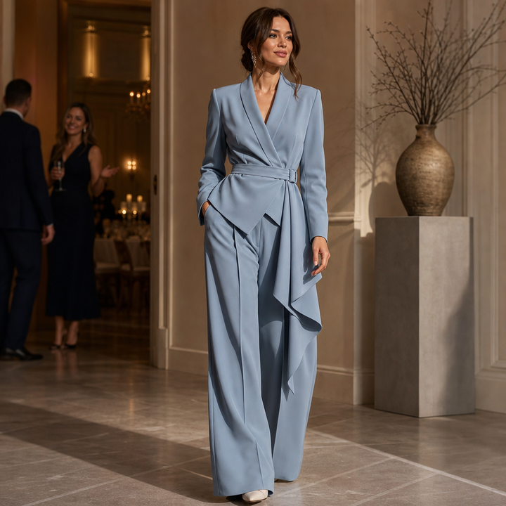 Drapevera – Buckle-Belted Wrap Blazer And Wide-Leg Trouser Set
