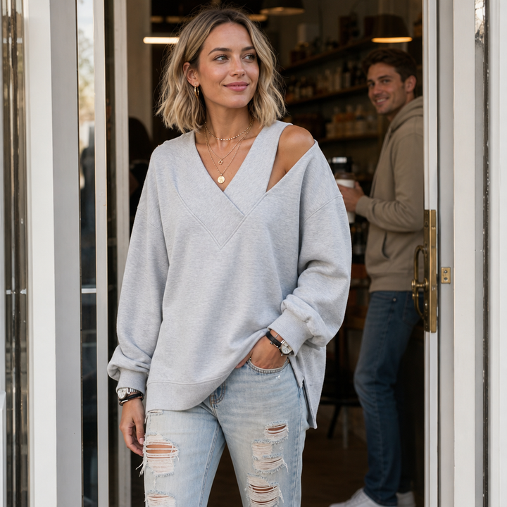 Slouvia – Asymmetric Cutout Shoulder Oversized Sweatshirt