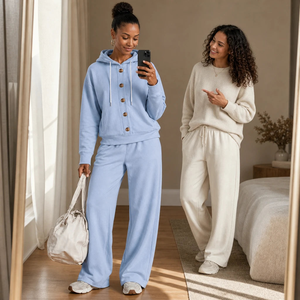 French Terry Button-Front Hoodie And Wide-Leg Sweatpants Set