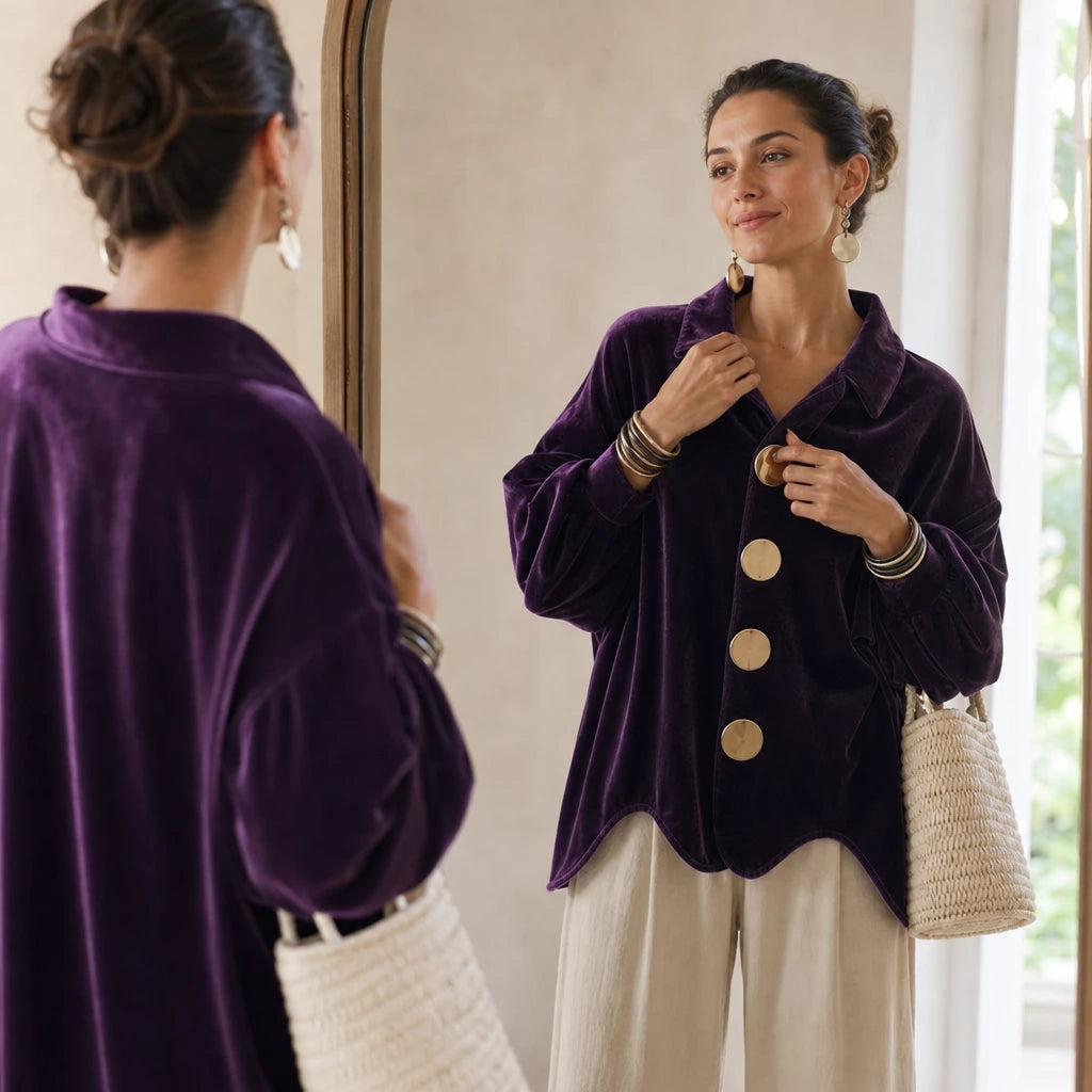 Velvara – Gold Button Velvet-Look Blouse