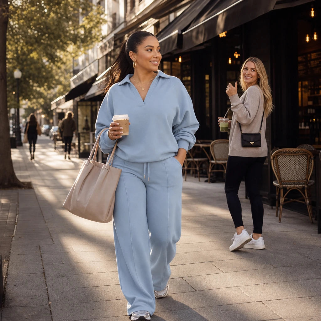 Velaire – Collared V-Neck Top And Straight-Leg Pants Set