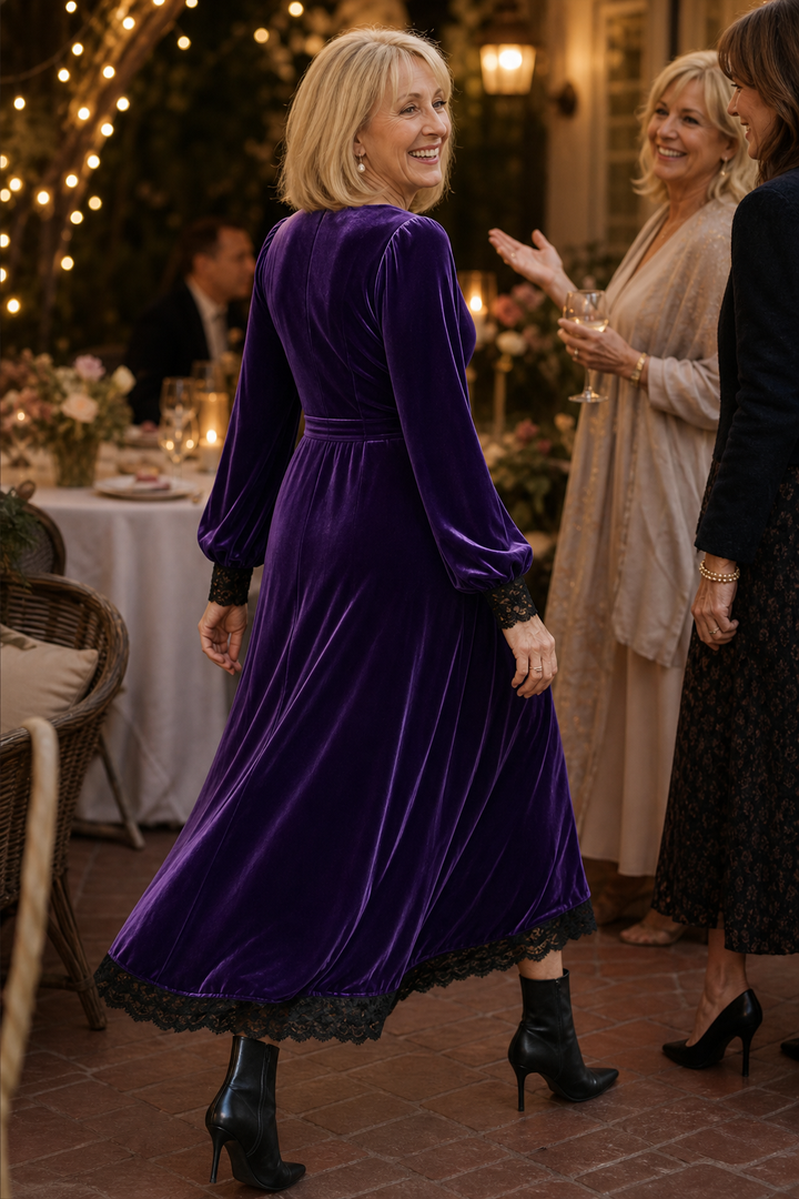 Velourette – Square Neck Fitted Waist Velvet Midi Dress