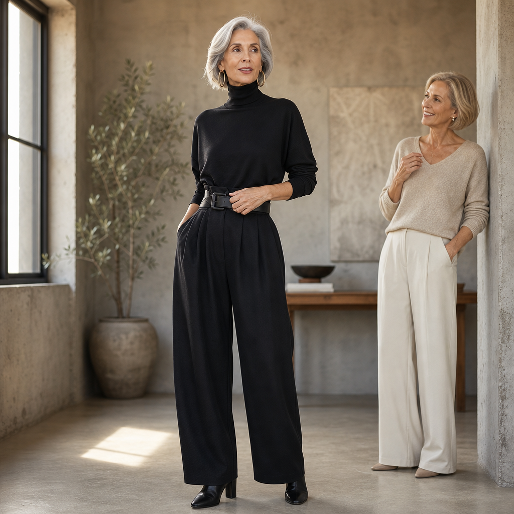 Poisevera – Belted High-Waist Turtleneck And Trouser Set