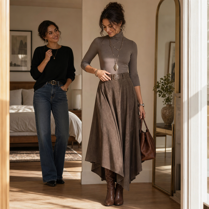 Sienna Fold – Asymmetrical Pleated Faux-Suede Skirt Set