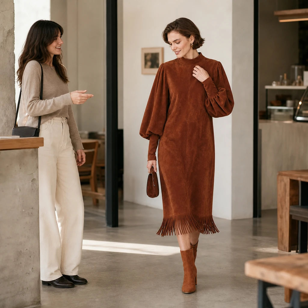 Suede Serenade – Faux Suede-Look Lantern Sleeve Fringe Midi Dress