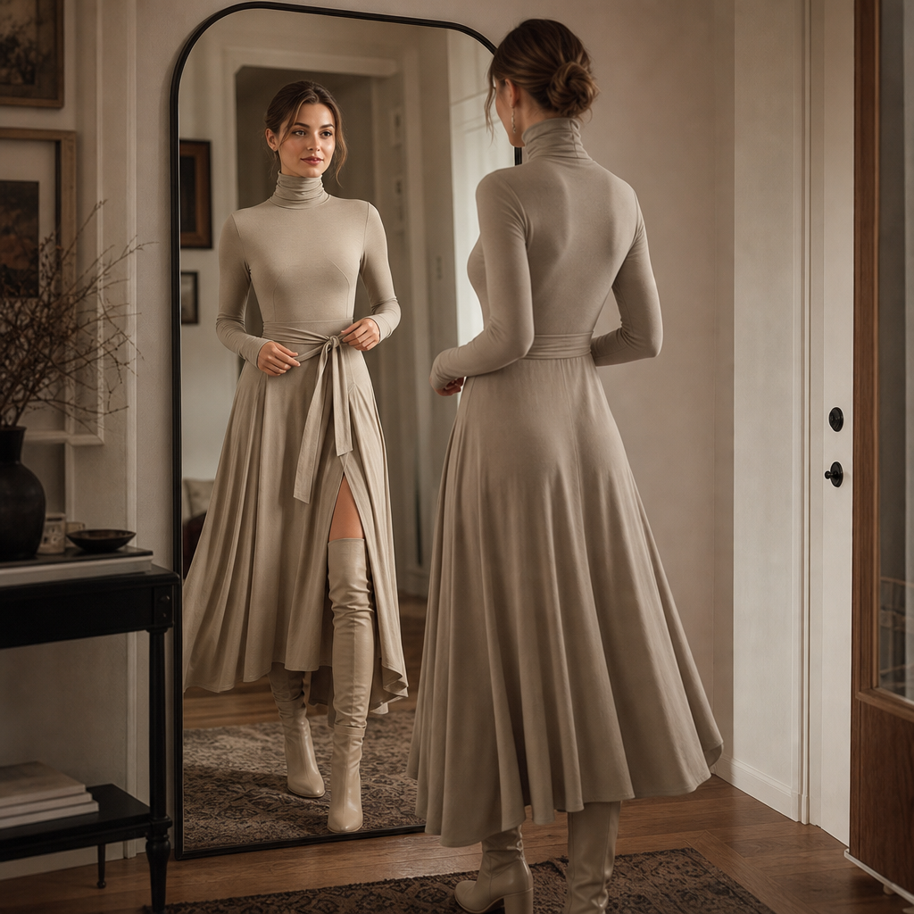 Vellara – Turtleneck Wrap Slit Knit Midi Dress