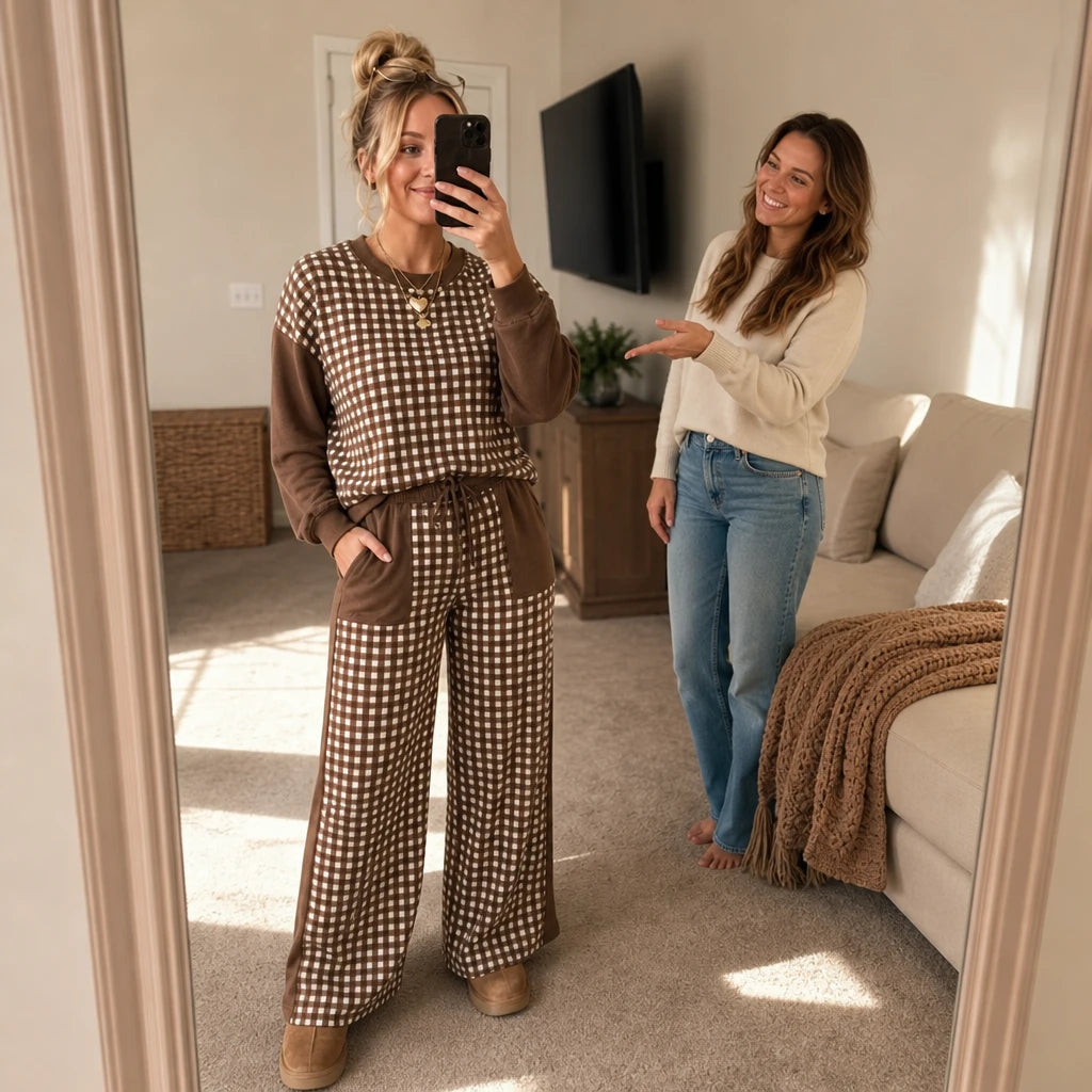Gingham Ease – Gingham Long-Sleeve Top And Wide-Leg Pants Set