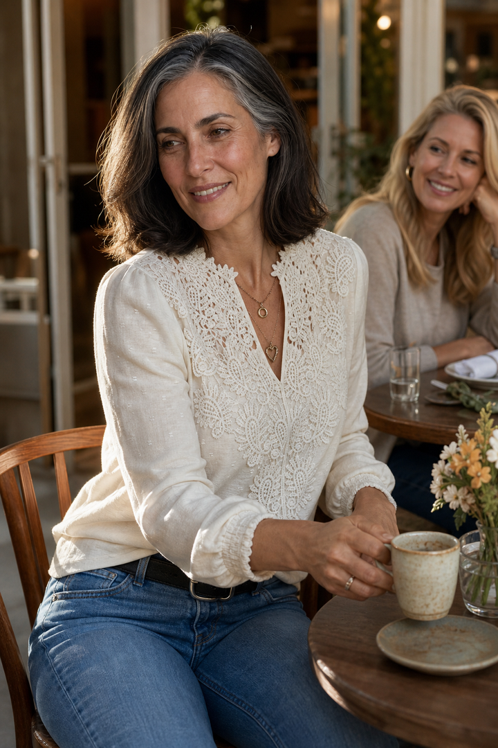 Lunavere – V-Neck Lace-Look Sleeve Long Sleeve Blouse