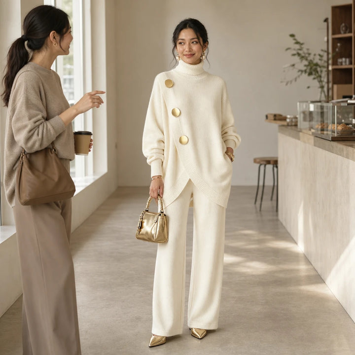 Mackenzie – Gold-Button Asymmetric Knit Two-Piece Set