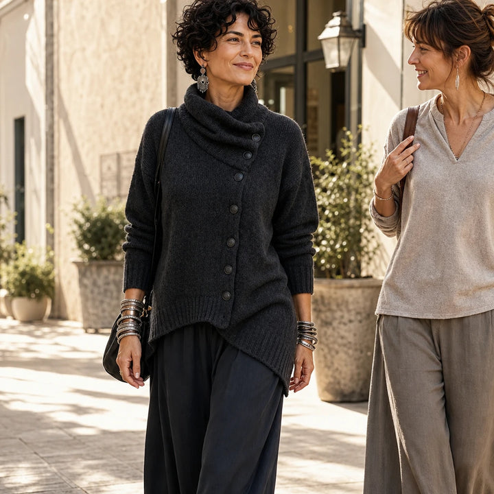Velora – Asymmetric Draped High-Collar Knit Pullover