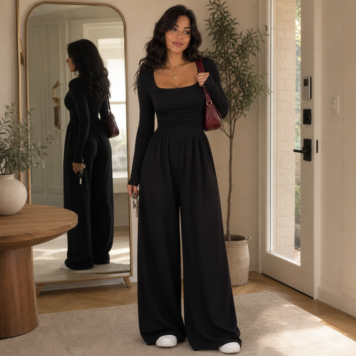 Wearbella – Ruched Waist Square Neck Wide-Leg Jumpsuit