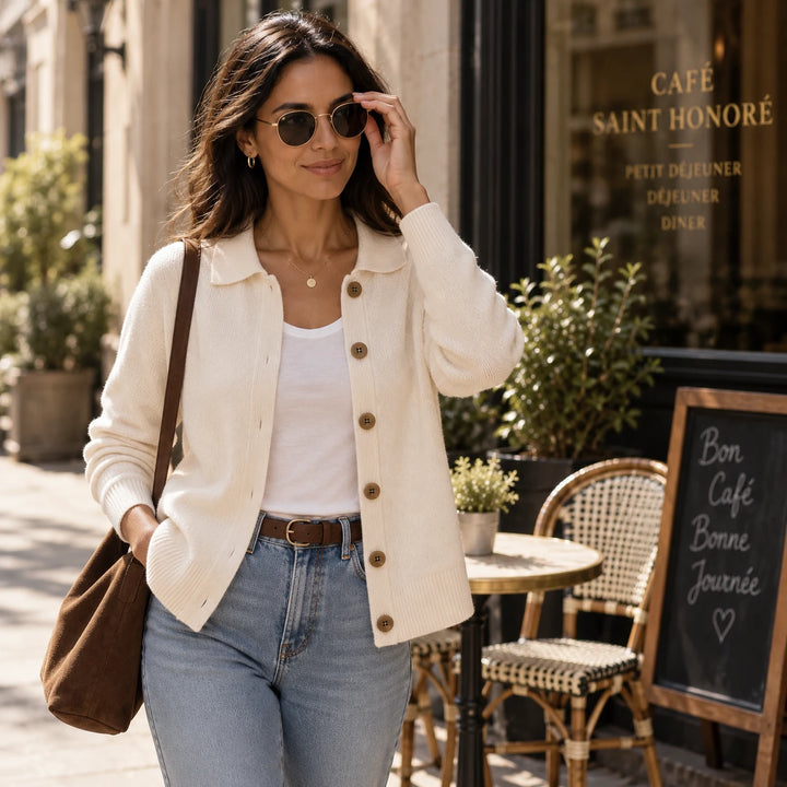 Collara – Turn-Down Collar Contrast-Button Knit Cardigan