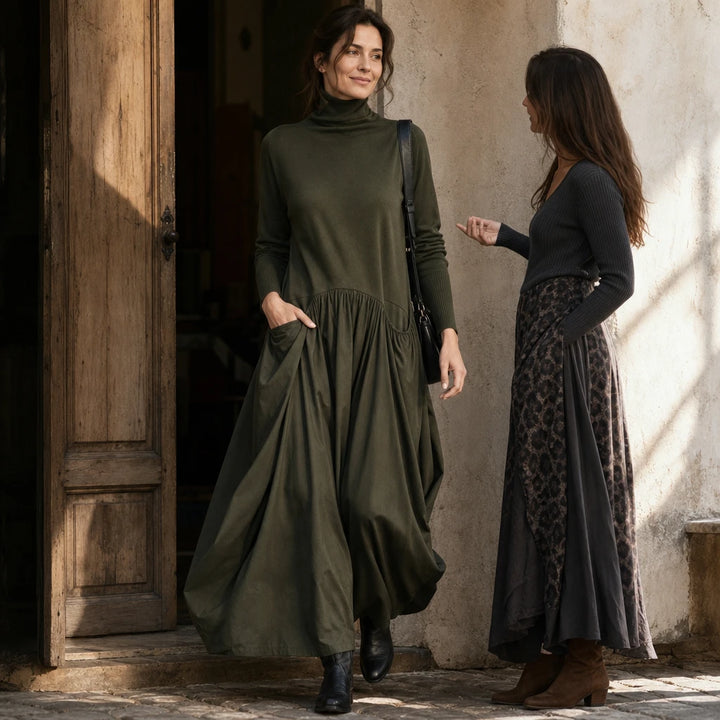 Clara – High Collar Gathered Skirt Maxi Dress