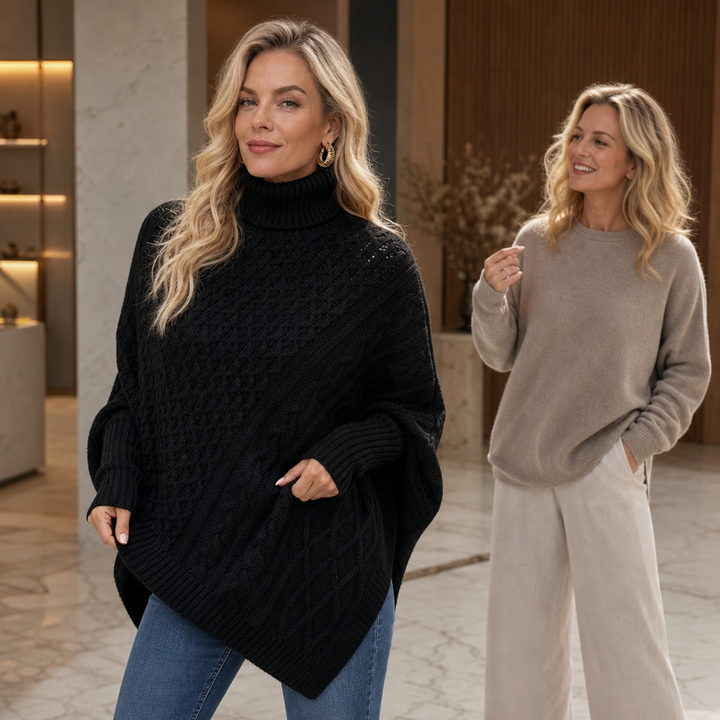 Cabelune – Cable-Knit Asymmetric Poncho Sweater