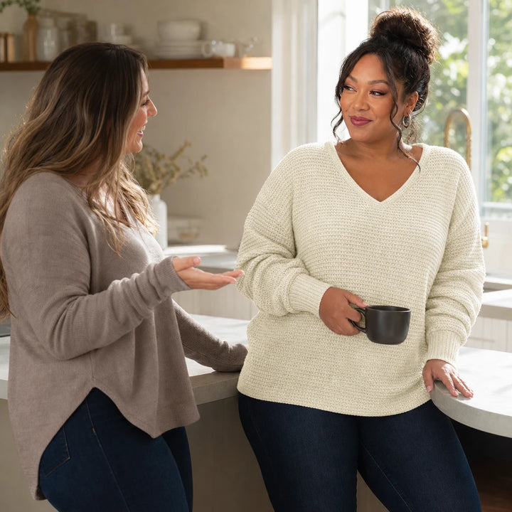 Vellune – V-Neck Waffle-Knit Long Sleeves Sweater