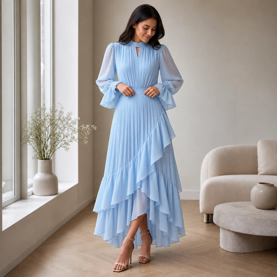 Florenza – Pleated Asymmetrical Ruffle Midi Dress