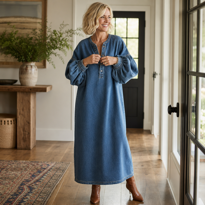 Denimelle – Long-Sleeve Denim Maxi Dress