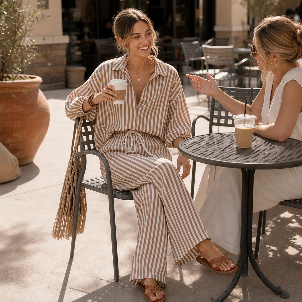 Wearbella – Striped Two-Piece Lantern Sleeve Set