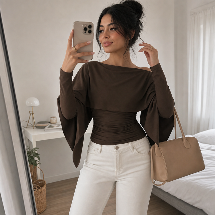 Wearbella – Cape Overlay Ruched Batwing Top
