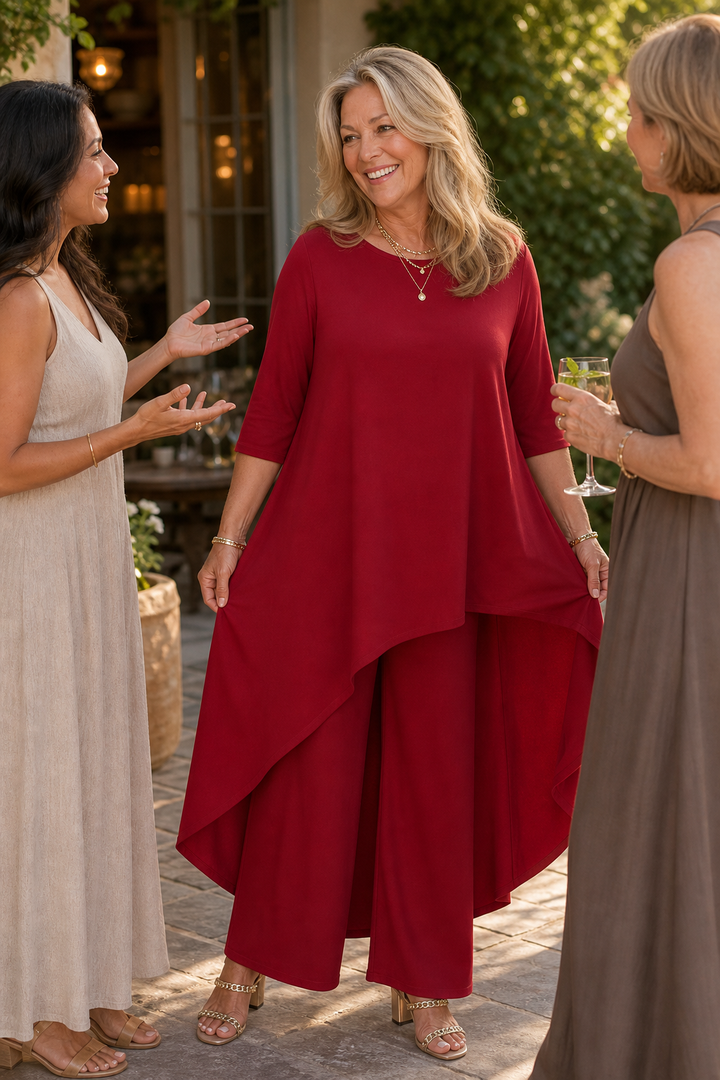 Lineve – Asymmetric Diagonal-Hem Top And Wide-Leg Pants Set