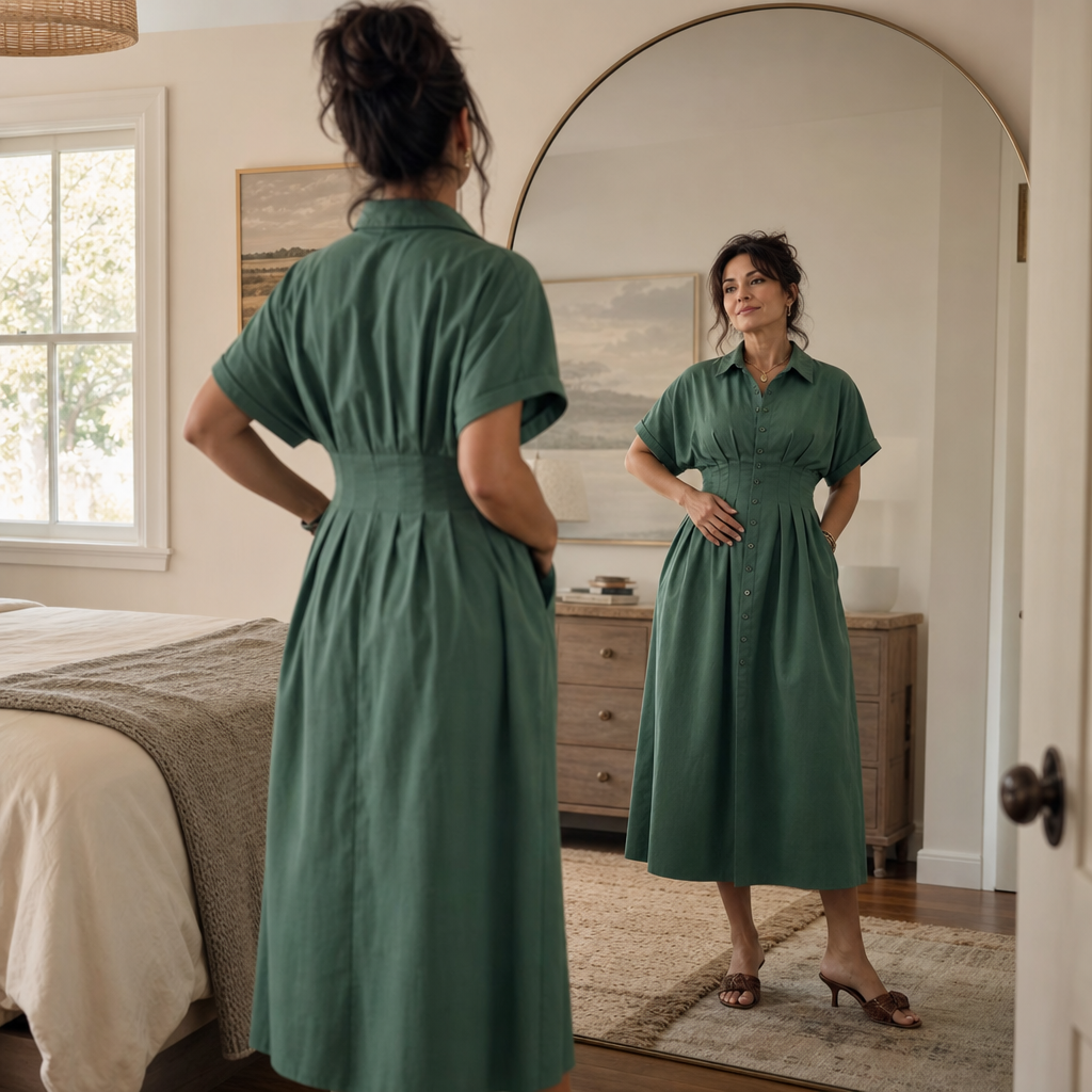 Solmara – Pleated Waist Button-Front Maxi Shirt Dress