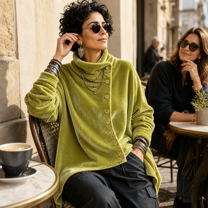 Velvara – Asymmetric Button Velvet Turtleneck Top