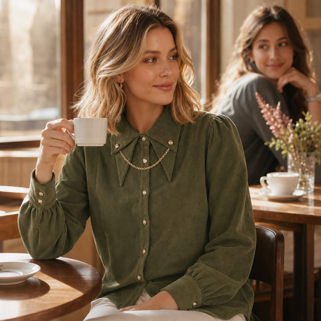 Corduvia – Studded Collar Corduroy-Look Shirt With Detachable Chain
