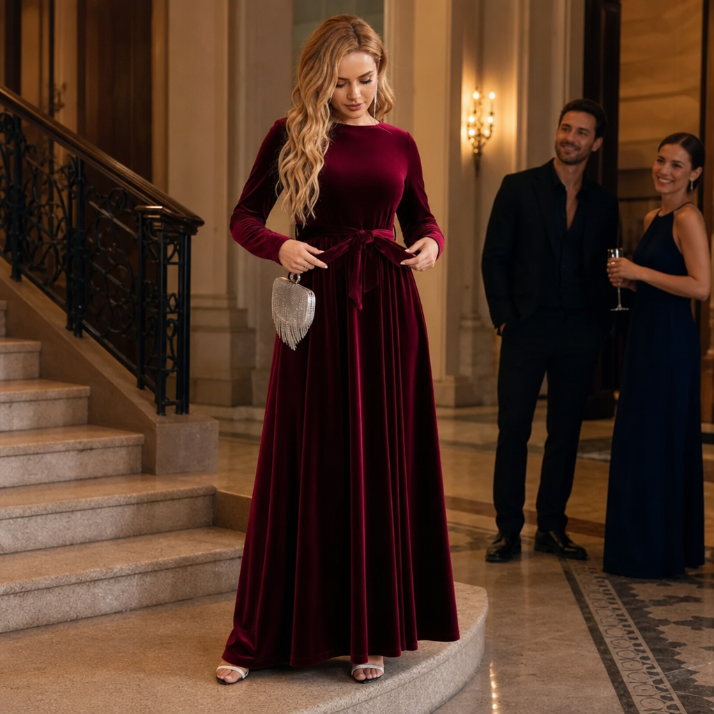Velvora – Belted Velvet Look A-Line Maxi Dress