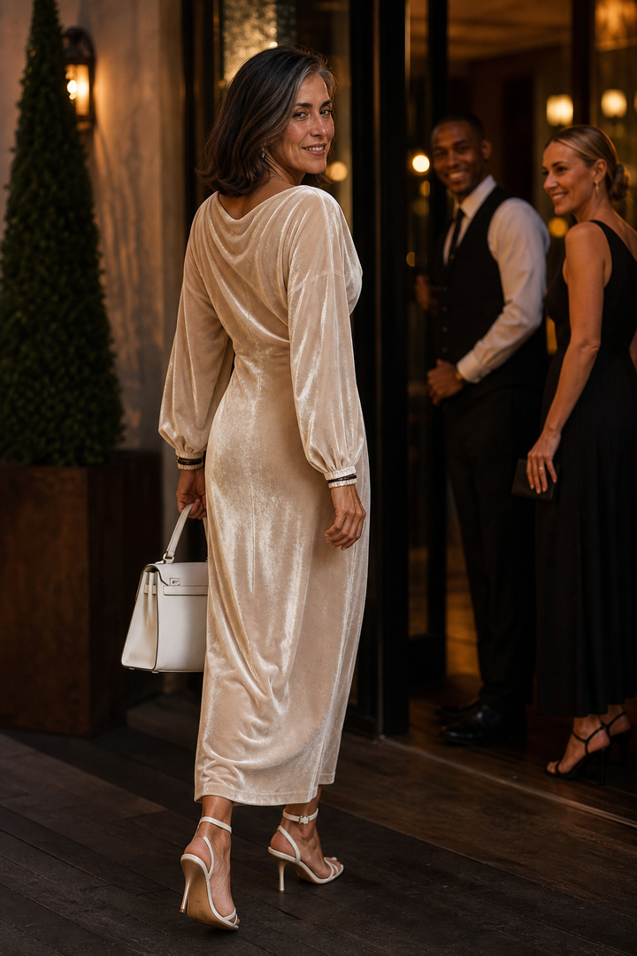 Velvienne – Round Neck Velvet Look Midi Dress