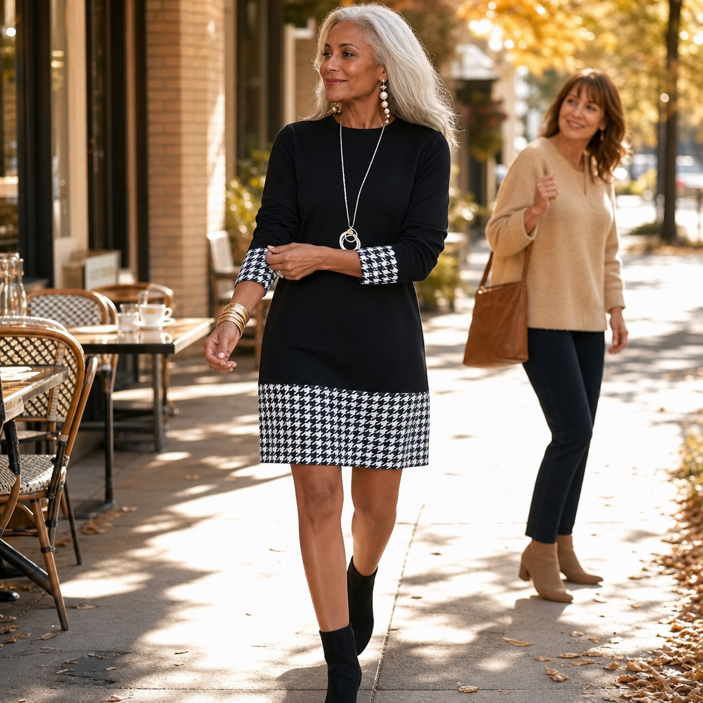 Wearbella – Horsebit Plaid A-Line Long-Sleeve Dress