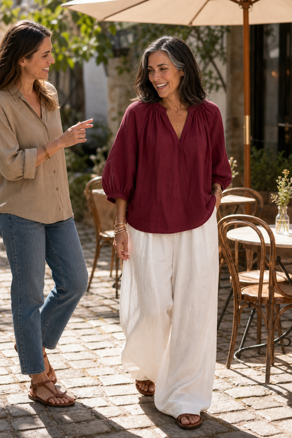Amselle – Ruched Collar Blouse And Wide Leg Pants Set