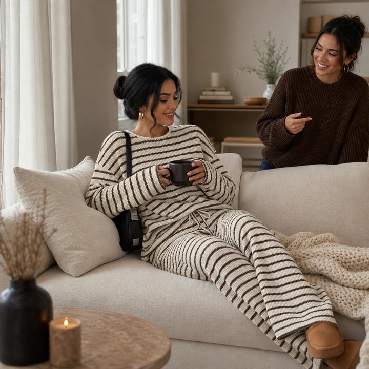 Stripe & Ease – Striped Long-Sleeve Top And Wide-Leg Pants Set