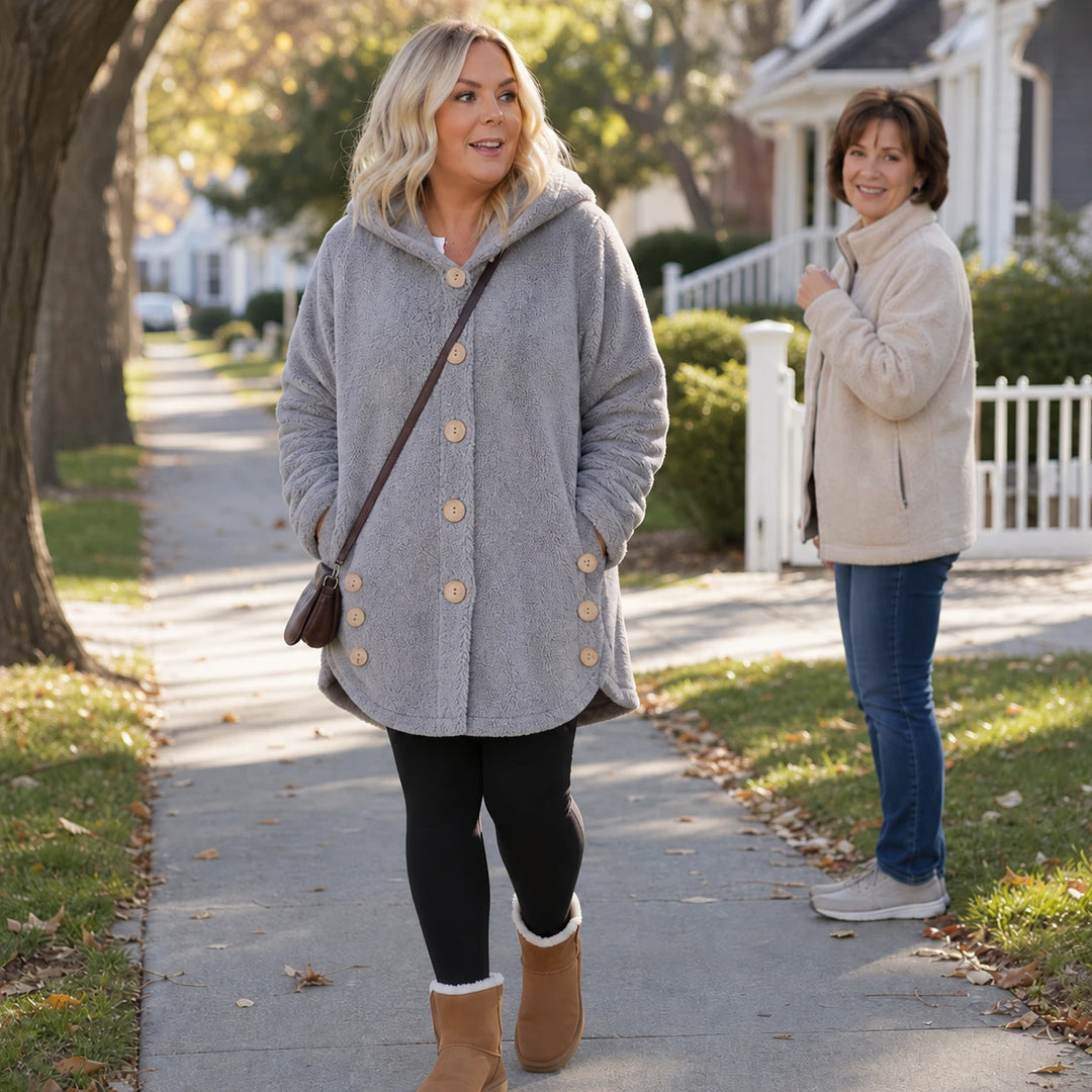 Cozy Button – Asymmetrical Hem Hooded Fleece Coat