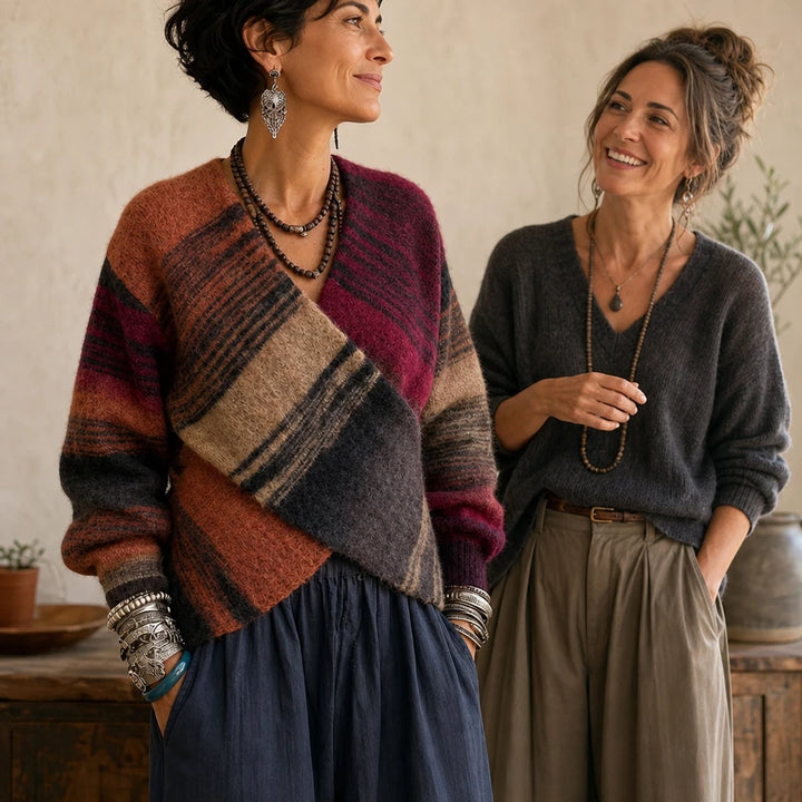 Wearbella – Multicolor Faux-Wrap Striped Knit Sweater