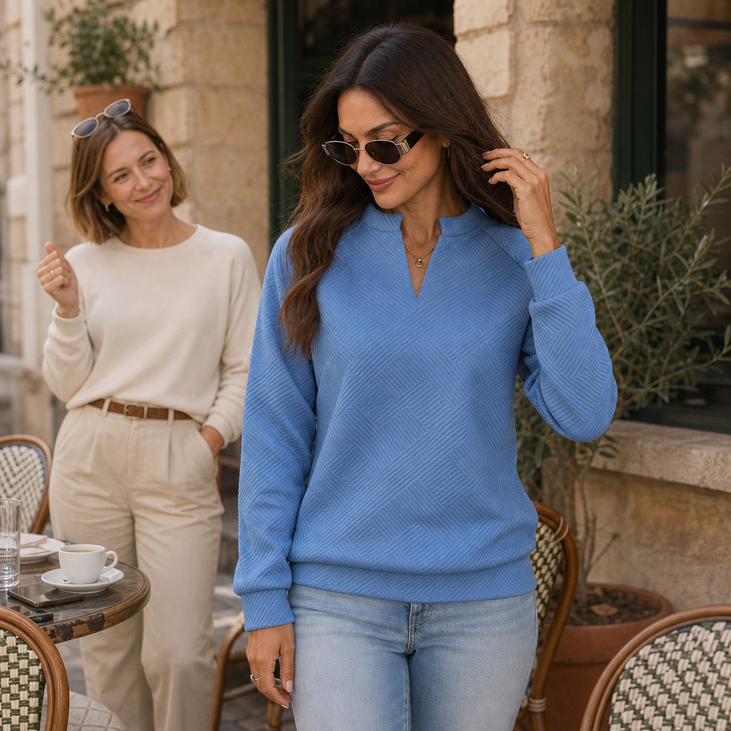Stria – Striped Jacquard V-Neck Pullover Sweatshirt