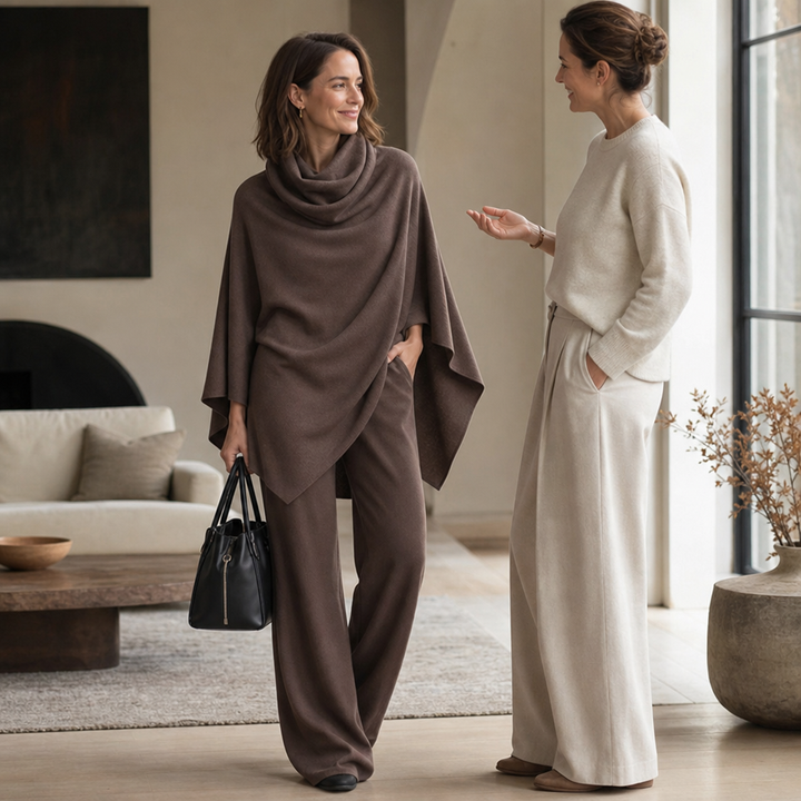 Draperie – Cowl-Neck Cape Top And Wide-Leg Trousers Set