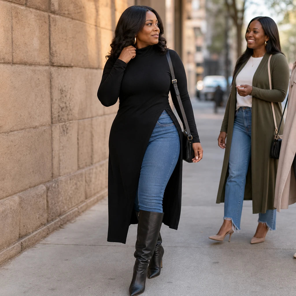 Wearbella – Asymmetric Hem Turtleneck Maxi Tunic