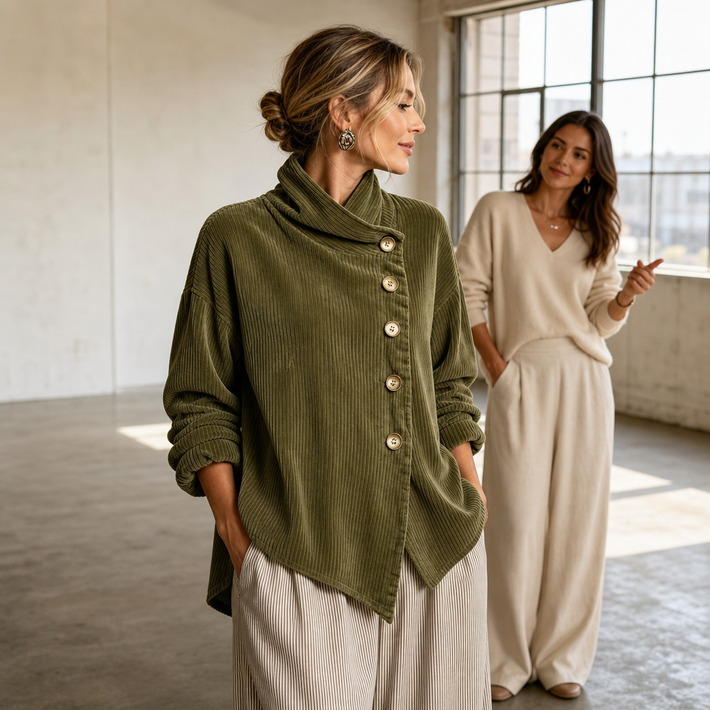 Foldover – Asymmetric Placket Funnel Neck Corduroy Top