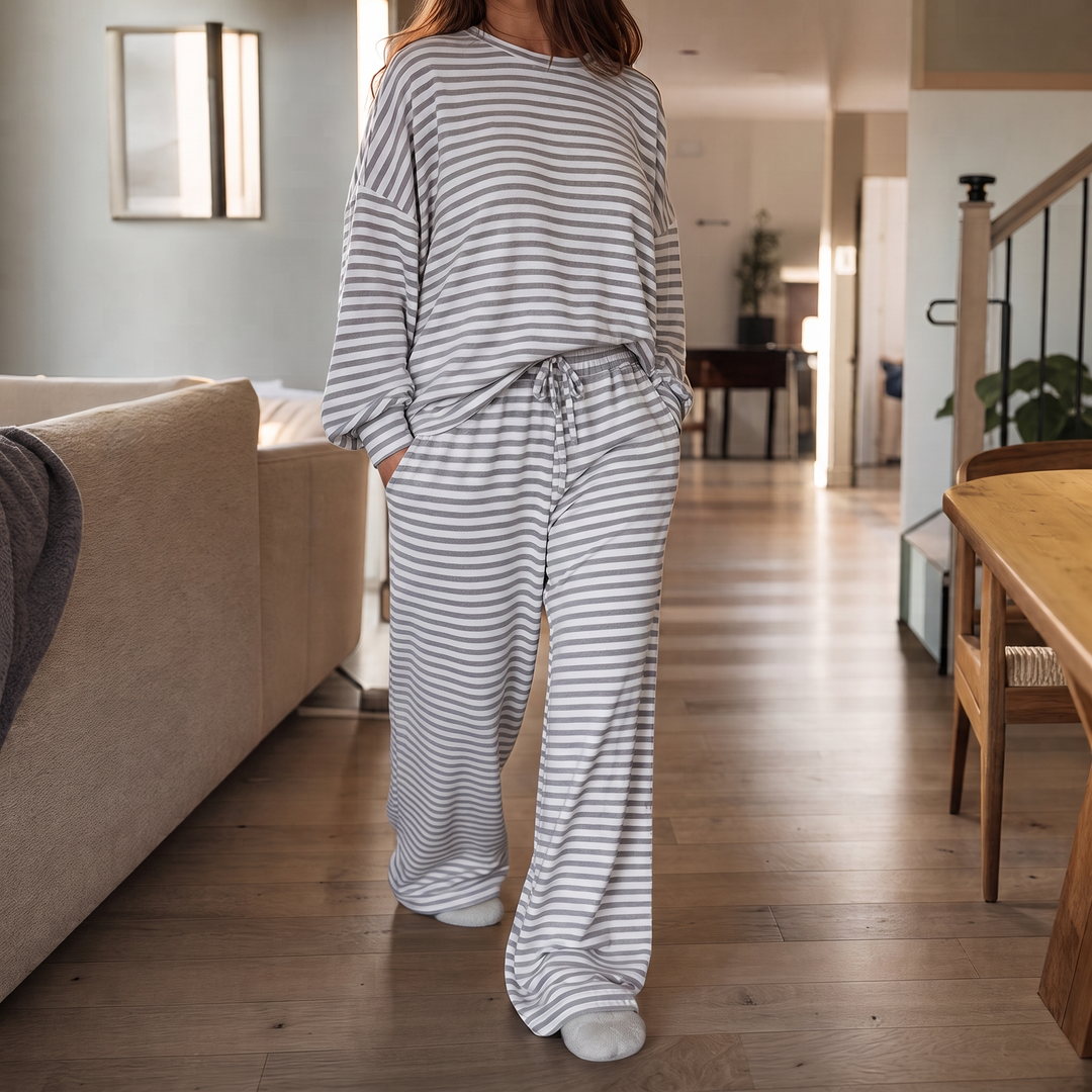 Stripe & Ease – Striped Top And Drawstring Wide-Leg Pants Set
