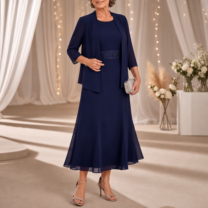 Elowen – Sleeveless Beaded-Waist Chiffon Dress With Jacket