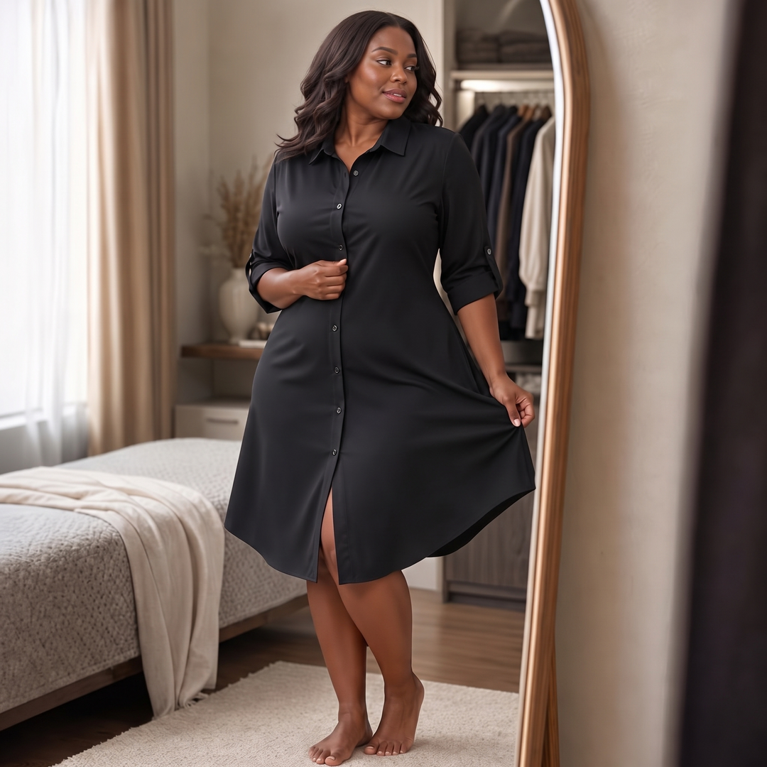 Drapeelle – Satin Button-Front Shirt Dress
