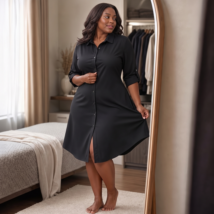 Drapeelle – Satin Button-Front Shirt Dress