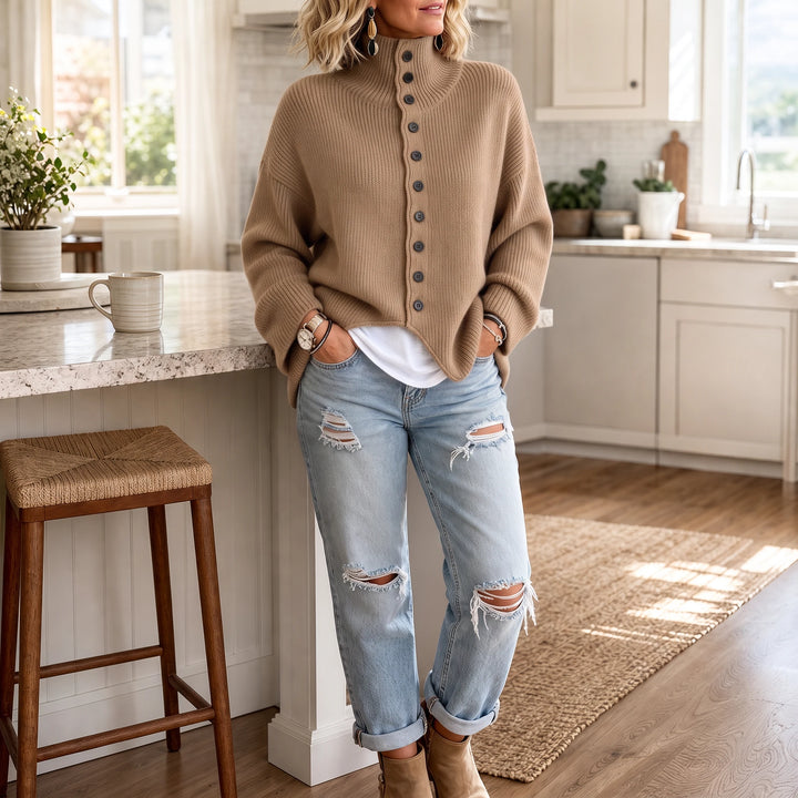 Sorella – Ribbed Asymmetric Button-Front Sweater