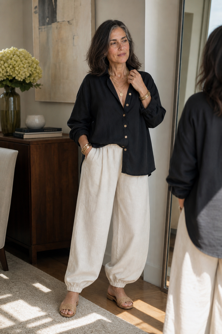 Verlyne – Relaxed Button-Front Shirt And Draped Pants Set